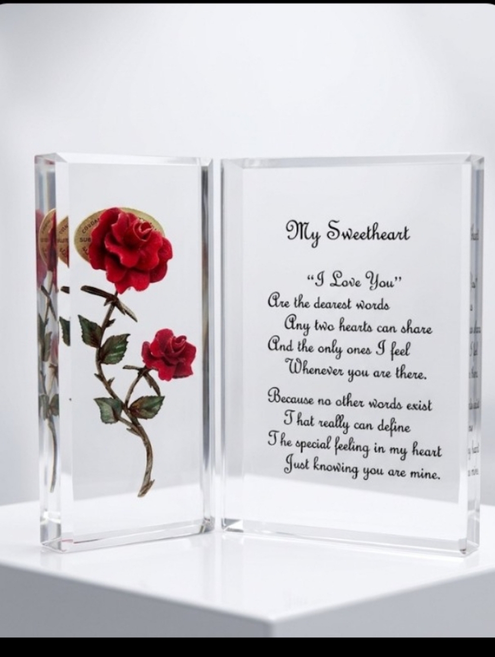 Vintage Acrylic "My Sweetheart" Poem Display with Red Roses